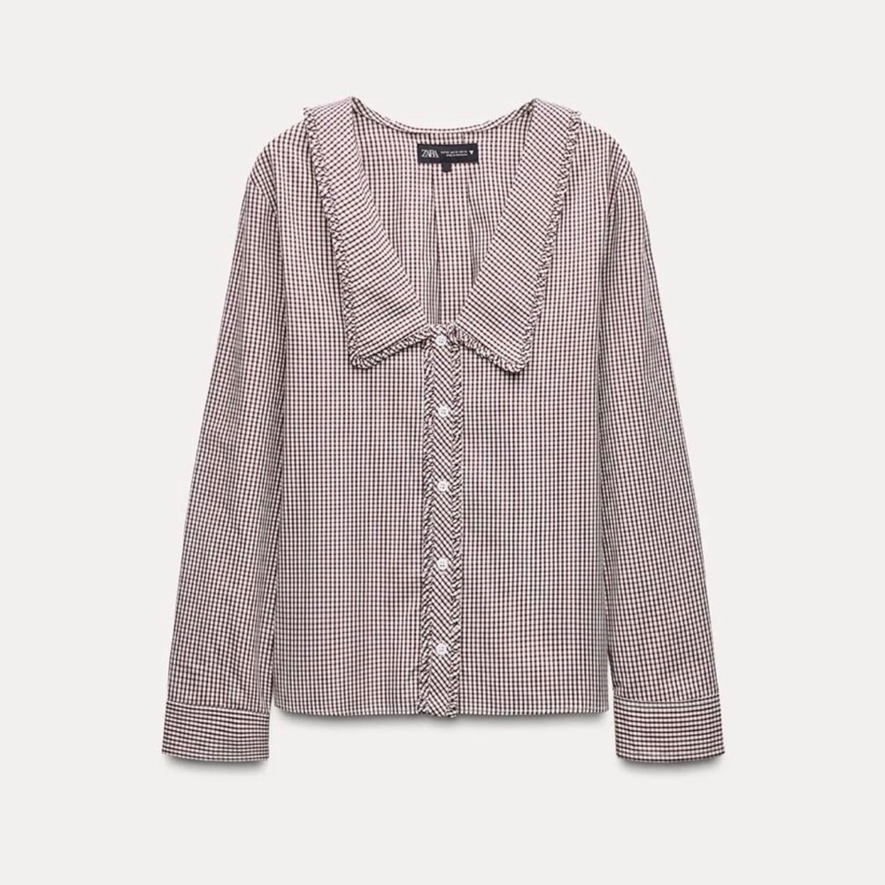 Zara Burgundy and White Gingham Ruffle-Collar Shirt